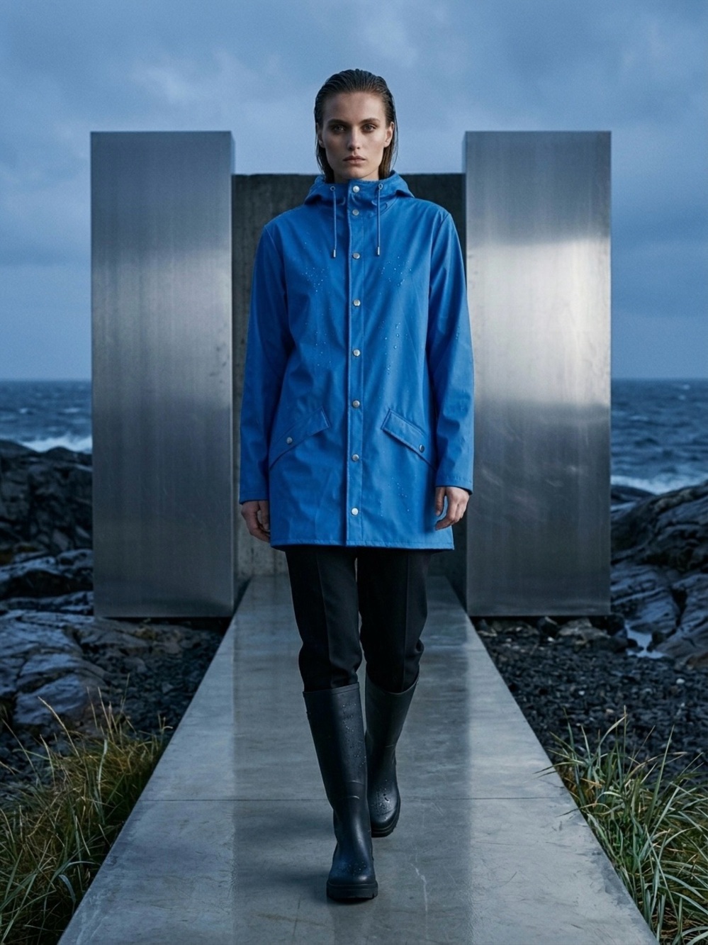 RAINS Classic Blue Waterproof Hooded Rain Unisex Jacket | M
